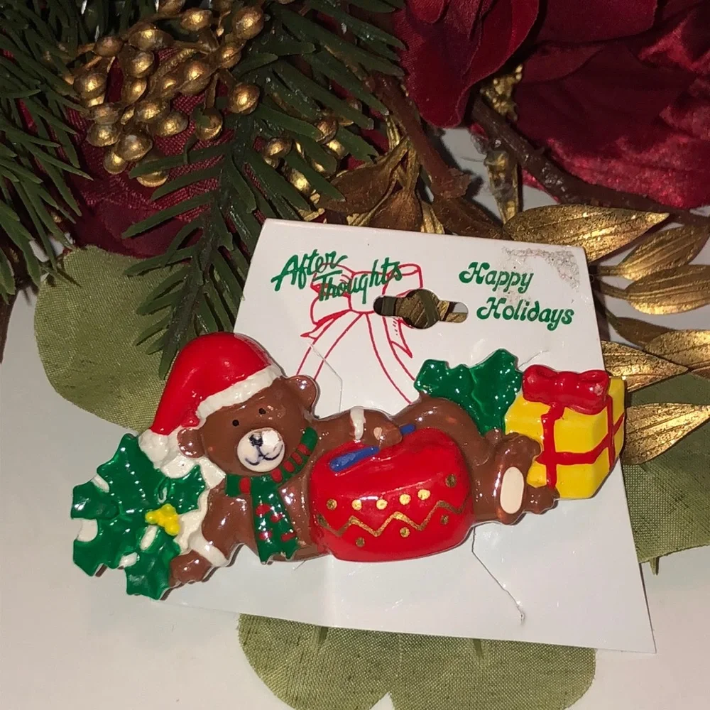 Christmas Barrette Vintage Teddy Bear with presents Christmas Barrette 80s